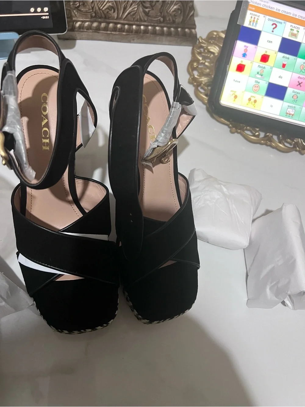 Coach Black Woven Platform Block Heel Sandals